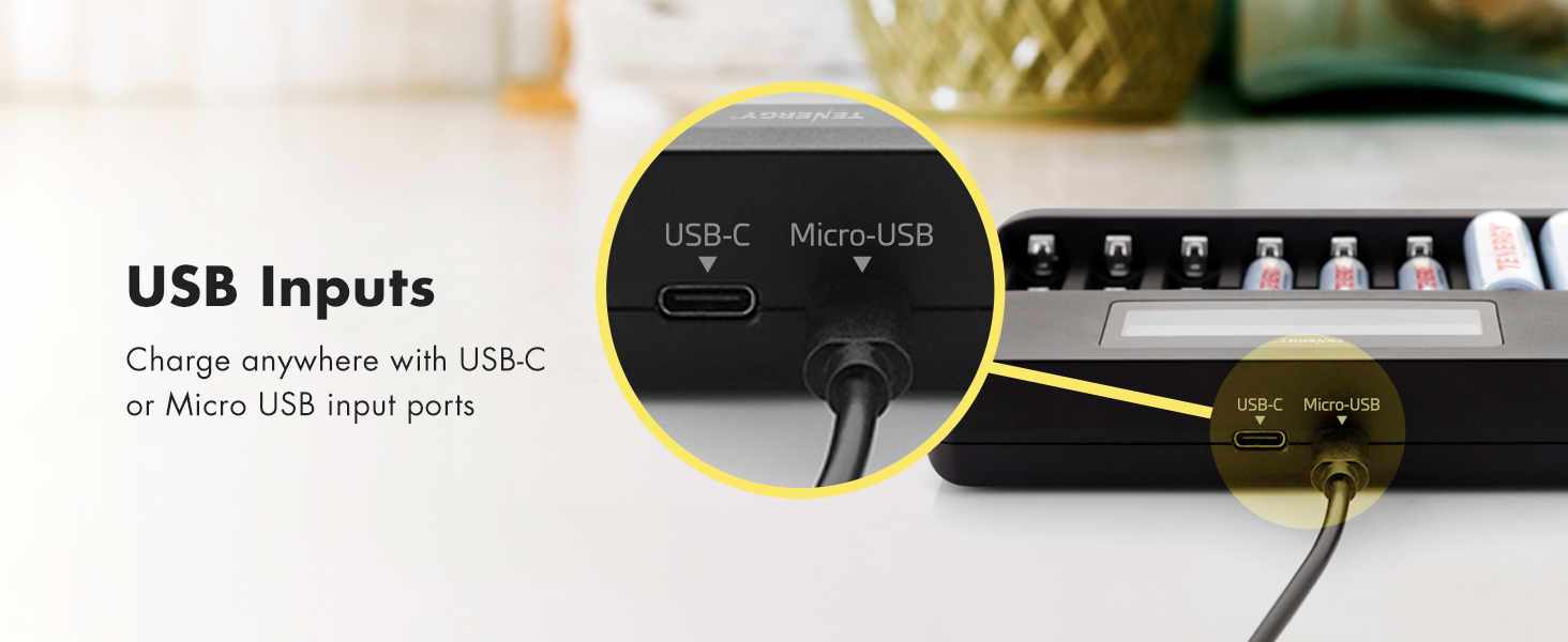 USB inputs, rechargea anywhere with USB-C or Micro USB input ports