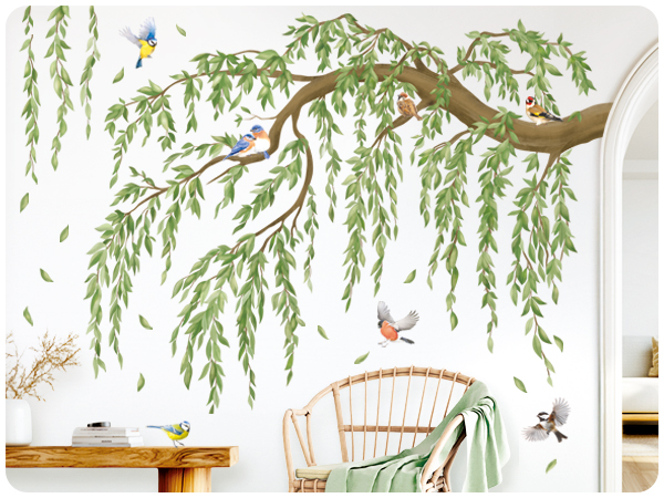 Illustrated wall mural or wallpaper design featuring weeping willow branches with delicate leaves, small birds, and nature elements in watercolor style.