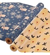 AhfuLife 2 Rolls Christmas Wrapping Paper - 17 Inch × 49.2 Feet Per Roll, Recyclable Kraft Xmas W...