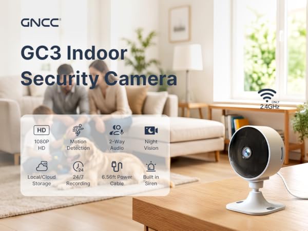 White GNCC GC3 camera in a living room with family, dog, and feature icons.