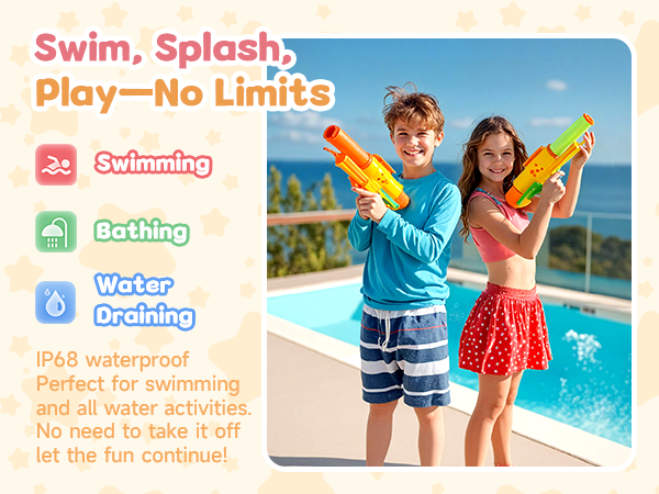 Waterproof product advertisement featuring a pool scene. Icons indicate swimming, bathing, and water draining capabilities. Text touts IP68 waterproof rating for continuous use during water activities.