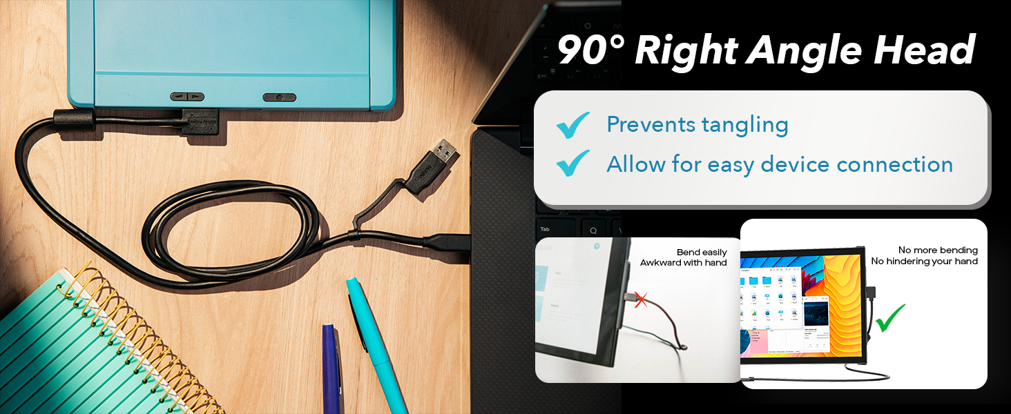 90 degrees right angle head let you easy connect your devices