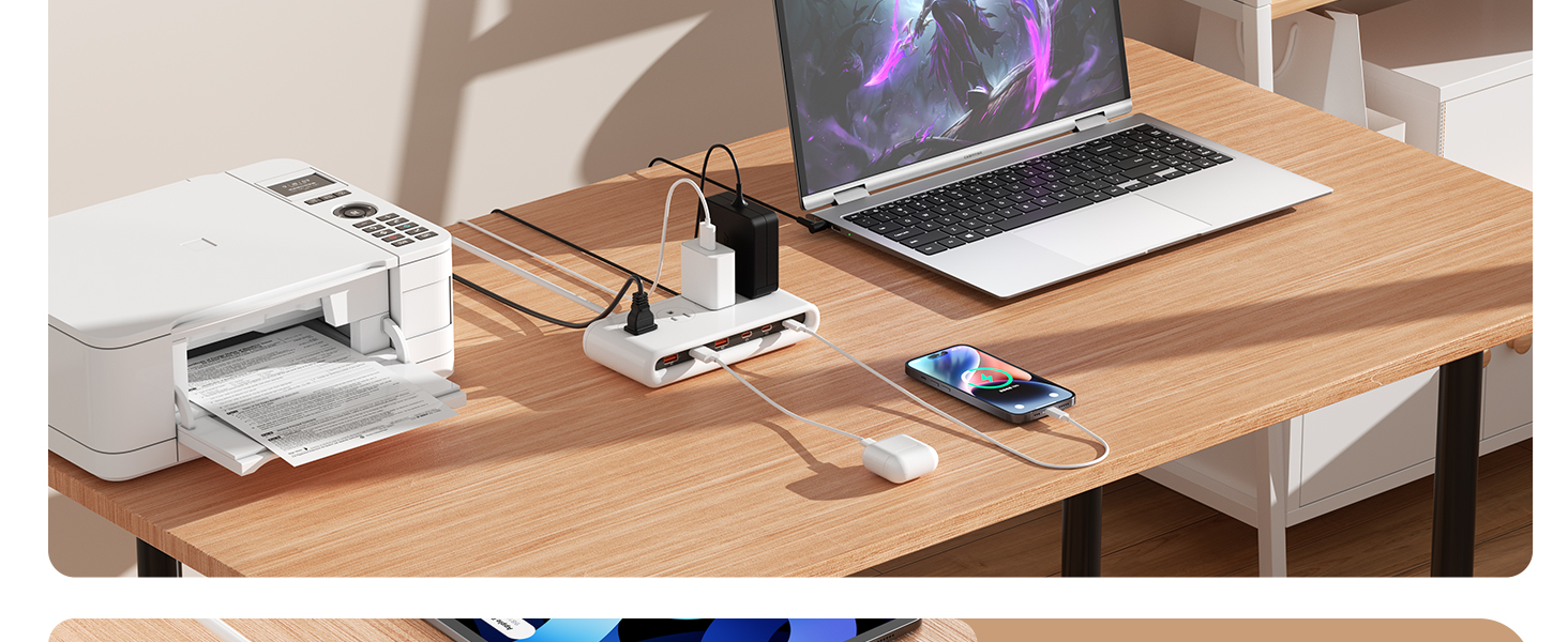 10 in 1 Flat Plug Power Strip 4 AC Outlet and 3 USB A and 3 USB C