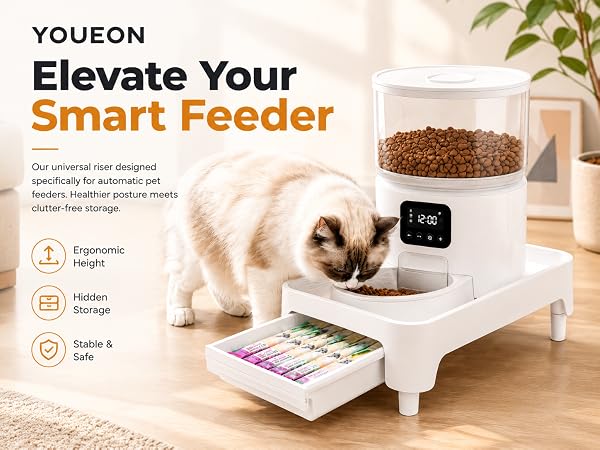 Universal elevated stand with storage drawer for automatic cat feeder and water fountain
