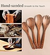 Kikcoin Wood Kitchen Utensils Set, 10 PCS Solid Teak Wooden Spoons for Cooking with Long Handle H...