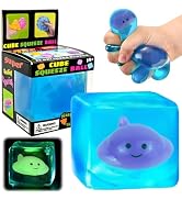 Blue Squeeze Cube with Luminous Devil Fish Inside,Squishy Stress Fidget Gummy Toys ,Glow in The D...