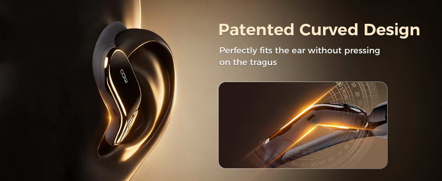Text reads 'Patented Curved Design'. Close-up product images showing curved design elements of an unidentified black item against dark background.