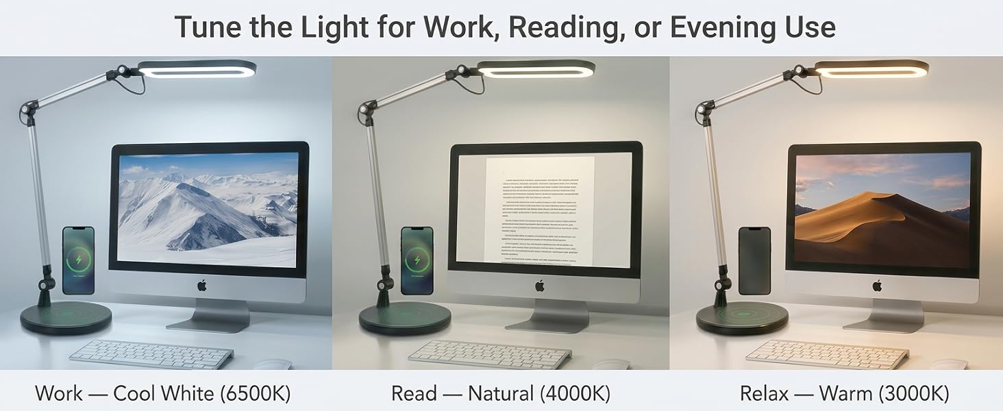 LED desk lamp showing three lighting modes for work reading and evening use