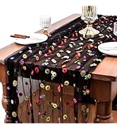 Joanlody Black Embroidery Daisy Spring Summer Table Runner Florals Seasonal Easter Tulle Table Ru...