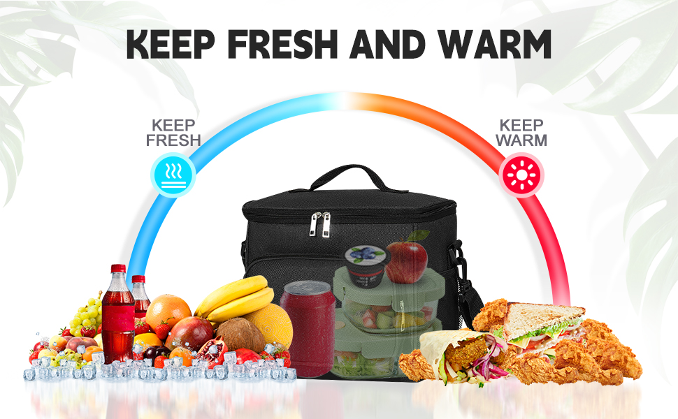 Insulated cooler bag surrounded by fresh and hot food items, with a 'Keep Fresh and Warm' graphic showing temperature maintenance capabilities.