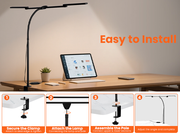 LED Desk Lamp for Office Home, Eye Caring Clip on Desk Light with Clamp