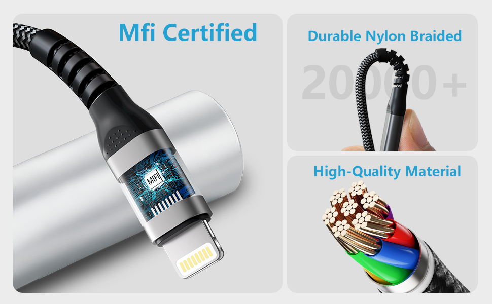 Text reads 'MFi Certified', 'Durable Nylon Braided', 'High-Quality Material'. Product photos showing charging cable or connector with technical specifications.