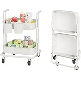 DTK 2 Tier Metal Foldable Utility Rolling Storage Cart, Handle and Locking Wheels, 3 Small Basket...