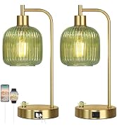 QiMH Industrial Table Lamp for Bedroom Set of 2, Green Glass Beside Lamp with USB A&C Ports, Step...