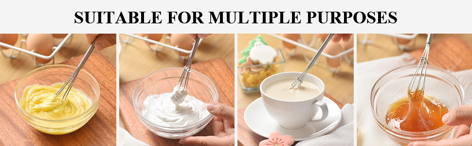 Four-panel image showing a handheld whisk being used in various foods: beating eggs, mixing cream, stirring coffee, and blending sauce.