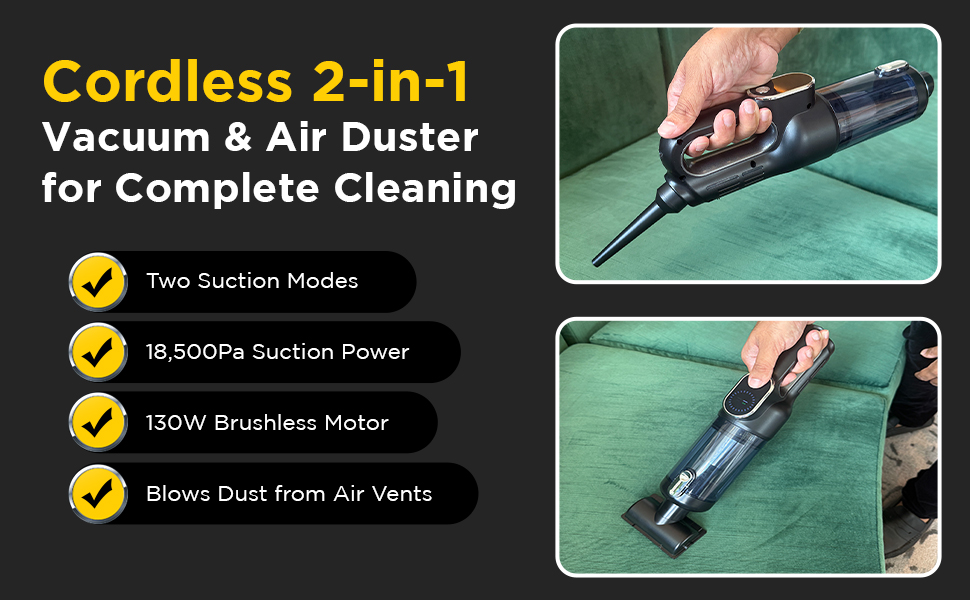 Luminoire cordless 2-in-1 handheld vacuum and air duster shown cleaning furniture and blowing dust