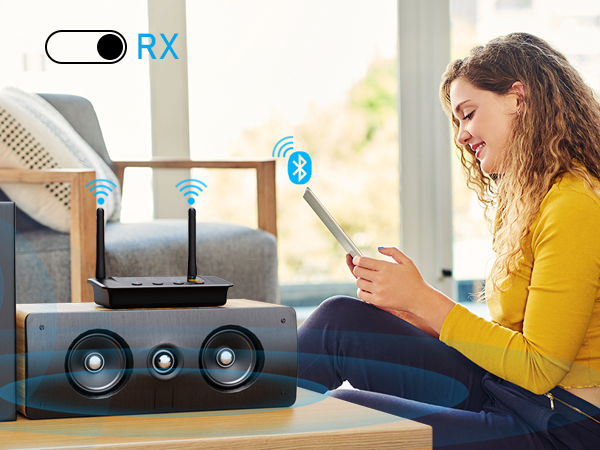 Wireless audio system with speakers and router on table. Woman in yellow top using tablet nearby. Icons indicate Bluetooth and Wi-Fi connectivity.