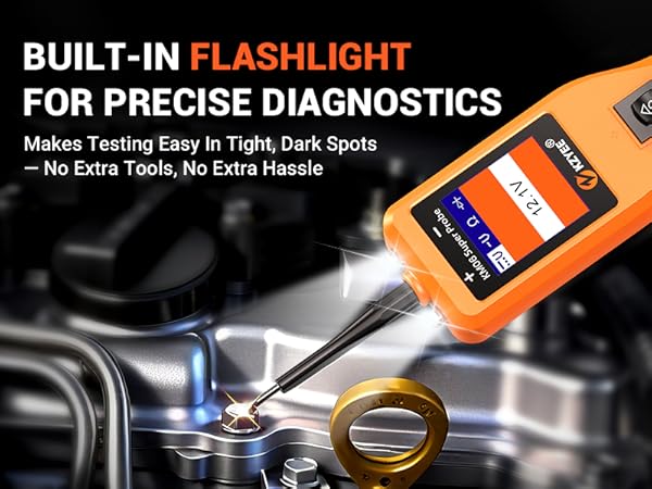 Automotive circuit test tool with a built-in flashlight for clear checks in dark engine areas