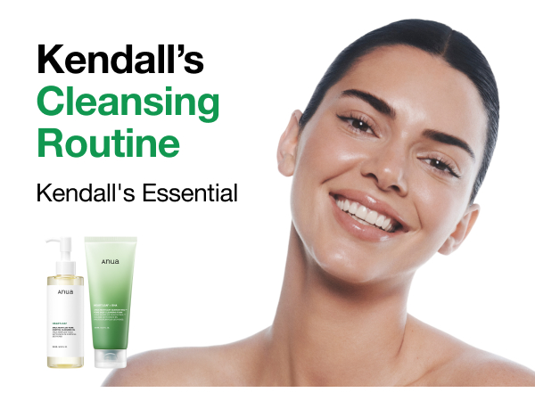 Text reads 'Kendall's Cleansing Routine', 'Kendall's Essential'. Woman's face with skincare product bottles displayed, green cleanser and white moisturizer containers shown.