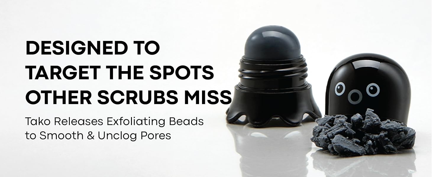 Tako Scrub Stick open and closed beside a mound of charcoal exfoliating beads on white background