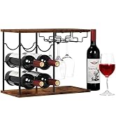 LIANTRAL Wine Racks Countertop, Hold 6 Bottles and 4 Wine Glass Rack Wine Holder, Freestanding Wi...