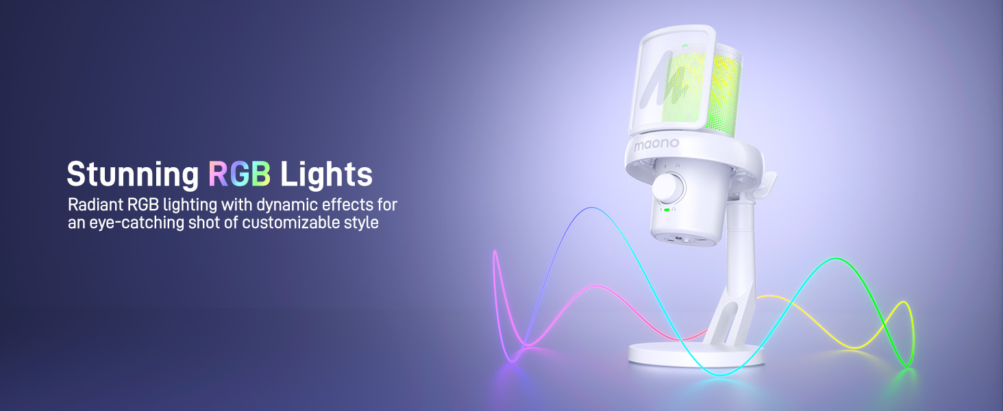 RGB light device with cylindrical white body and transparent top. Colorful light waves emanate from its base, showcasing dynamic lighting effects against a purple background.