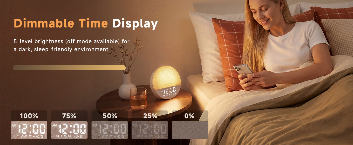 Dimmable Time Display,5-level brightness (off mode available) fora dark, sleep-friendly environment