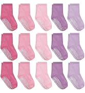 HYCLES 15 Pairs Toddler Girl Socks, Non Slip Crew Toddler Socks with Grippers for Kids Preschool ...
