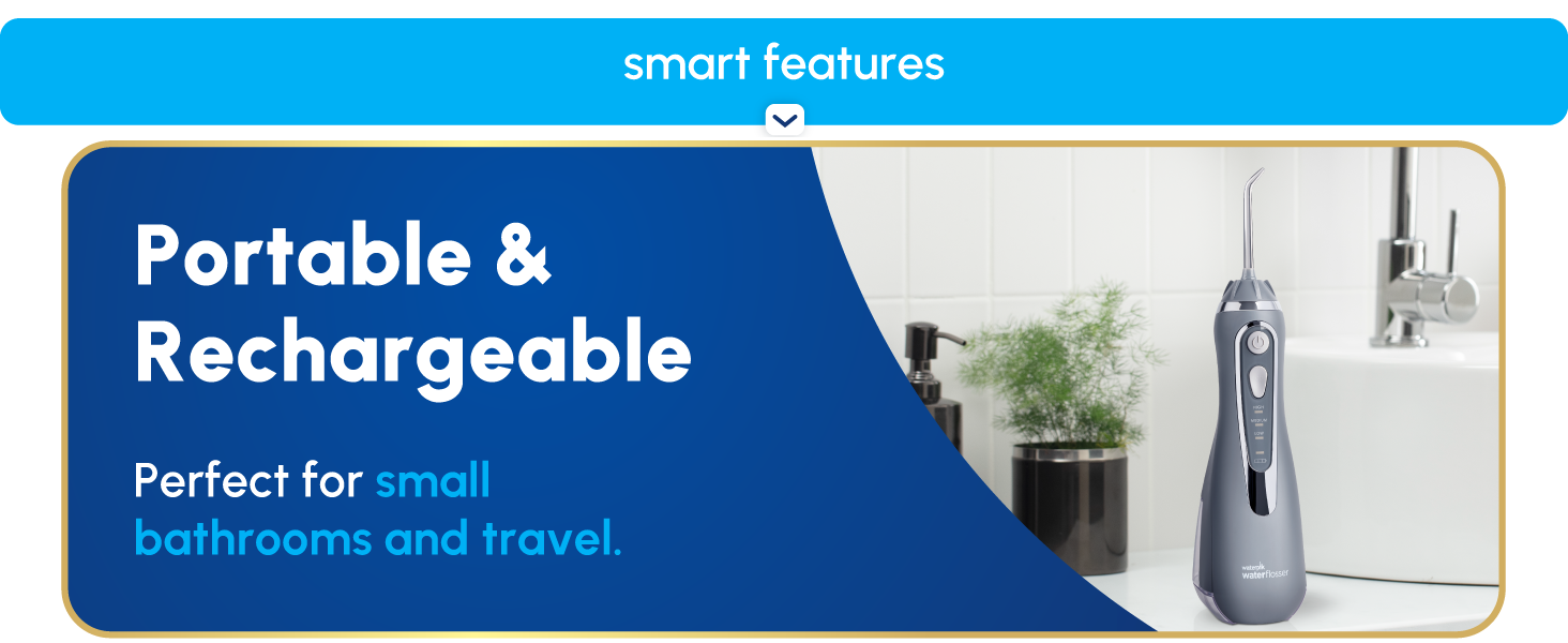 Image of Waterpik Cordless Advanced water flosser with text reading portable & rechargeable.