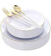 DaYammi 30 Guests Gold Plastic Plates with Disposable Silverware,Gold Cutlery with White Handle,W...