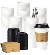 BYSNOW 50 Pack 16 oz Disposable Coffee Cups with Lids, Paper Hot Coffee Cups with Sleeve and Stra...