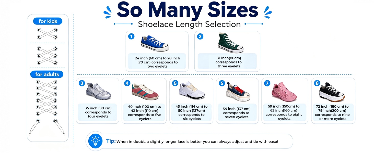 Aiahoel shoelace size guide: 14 sizes from 24" kids to 79" adults, easy eyelet matching.