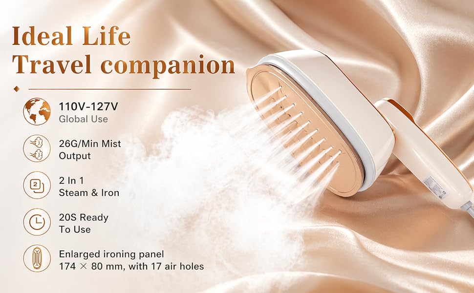 Travel Steamer – 110–127V, 26g/min steam, 2-in-1 iron & steamer, ready in 20s.
