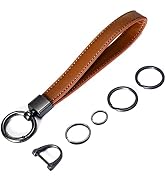Car Key Fob Keychain Holder Genuine Leather Wristlet Loop Key Chain Circle Carabiner Clip for Men...