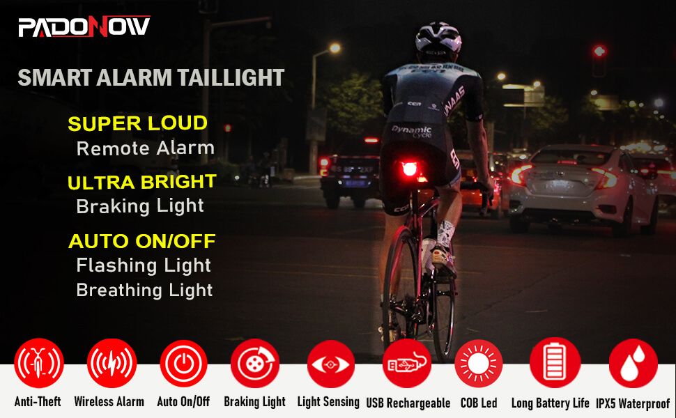 alarm smart anti theft wireless remote bike bicycle tail rear back brake light usb c rechargeable