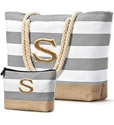 Becokan Beach Bag Initial Beach Tote with Makeup Bag for Travel Work Storage Personalized Birthda...