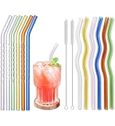 12 Pack Reusable Glass Straws, Styles With 2 Cleaning Brushes, Colorful Wavy Glass Straws 7.9 X 0...