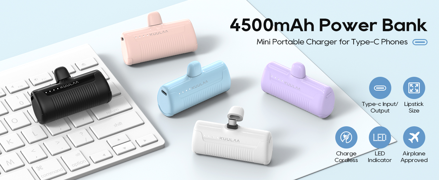 Text reads '4500mAh Power Bank' with multiple product images showing a slim portable charger in various colors including black, blue, and purple, with USB connectivity features.
