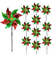 10 Pieces 21 Inches Red and Green Reflective Pinwheels with Stakes, Windmill Wind Spinners for Ou...