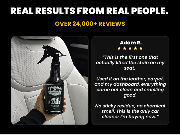 Hand holding the product bottle beside a positive verified customer review for car interiors