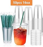KesaPlan 50 Sets 16 oz Plastic Cups with Lids and Straws, Clear Disposable Iced Coffee Cups for C...
