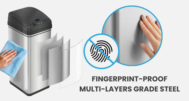 iTouchless stainless steel trash can with fingerprint-resistant, rust-proof coating.