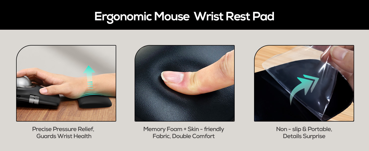 Text reads 'Ergonomic Mouse Wrist Rest Pad'. Product demonstration showing wrist support pad usage with computer mouse, featuring multiple angles and comfort benefits.