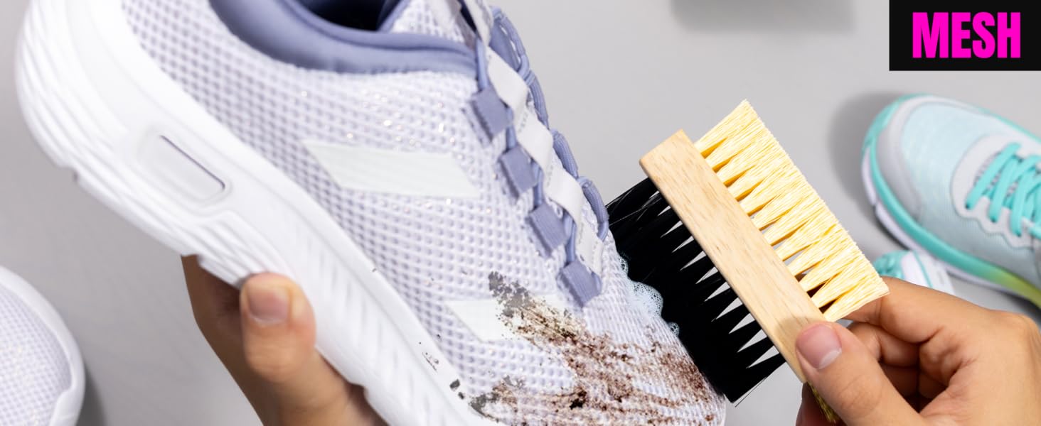 A shoe brush safe for mesh, canvas, leather, and more