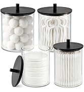 PureRoot Glass Qtip Holder Dispenser Set - 15oz & 10oz Clear Canisters Apothecary Jar with Black ...