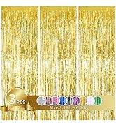 TONIFUL 3Pcs Gold Door Streamers,Gold Photo Booth Backdrop Metallic Streamers Gold Foil Fringe Cu...