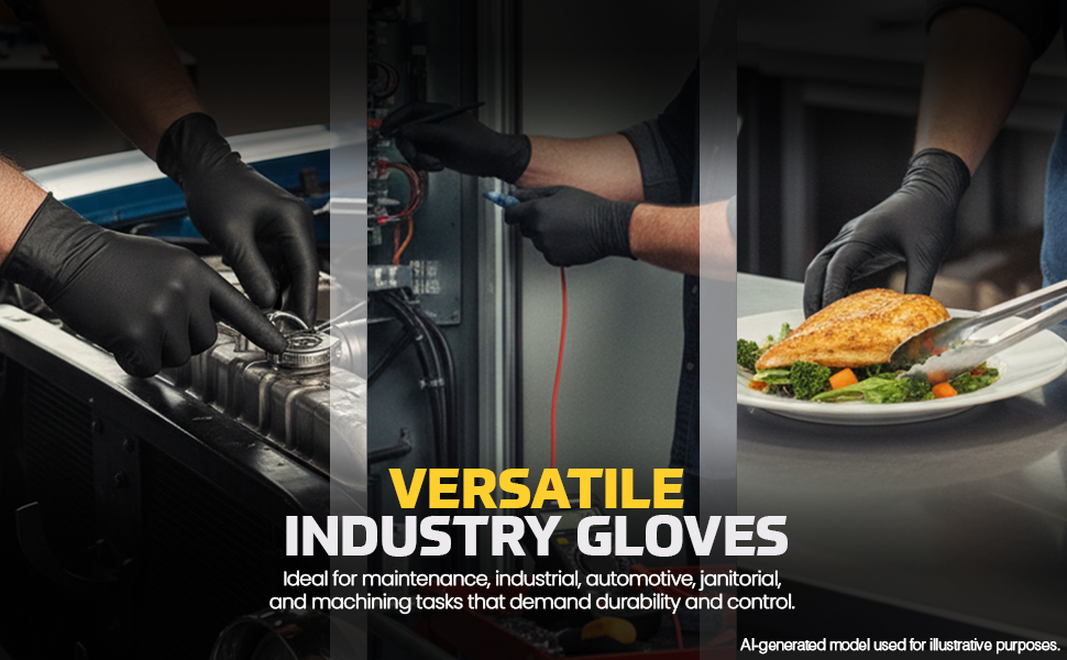 Black nitrile gloves used for maintenance, electrical repair, and food prep across industries.