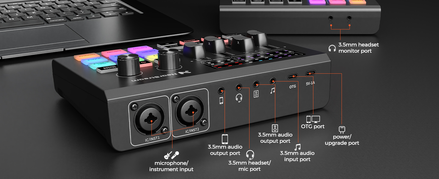 Professional audio interface showing multiple inputs/outputs, knobs, and LED indicators. Features dual XLR/TRS combo inputs, monitor controls, and digital display on black chassis.
