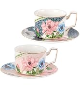 KAMMAK Tea Cups and Saucers Set of 2, Porcelain Coffee Cups, Stackable Espresso Mugs, Ceramic Dem...
