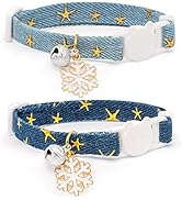 2 Pack Cotton Breakaway Cat Collar with Bell,Dark Blue & Light Blue White Snowflake Pendant Cute ...